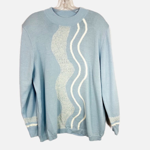 Vintage Light Blue & White Striped Shoulder Pads Crewneck Pullover Sweater - XL - Picture 1 of 7